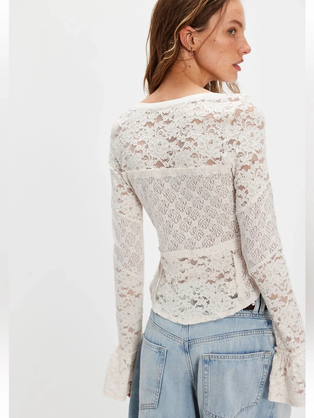 Free People Sheer Lace Flared Long Sleeve Top in Sugar Swizzle